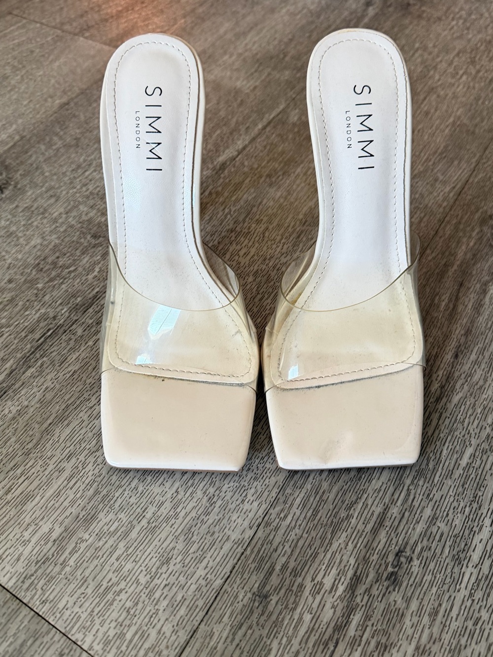 SIMMI London Cream Square-Toe Clear Strap Mules